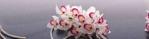 Изображение для скинали: Белые орхидеи и жемчужные бусы на темном фоне