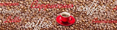 Изображение для скинали: Россыпь кофейных зерен и ароматный кофе в красных чашках 
