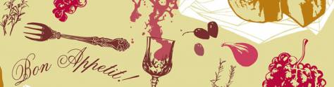 Изображение для скинали: Рисунок - виноград, вино вилка и прочее на желтом фоне