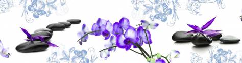 Изображение для скинали: Фиолетовые орхидеи и камни спа на белом фоне