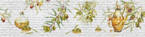 Изображение для скинали: Бутылки оливкового масла и оливки на кирпичной стене